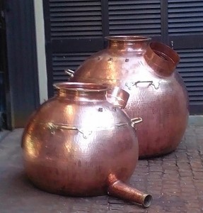 "The 300-litre and 700-litre spirit stills almost complete. Stands, valves, instruments, "onion" heads and lyne arms will not be mounted until they sit on the distillery floor."